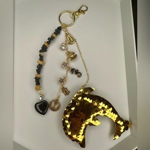 Handmade Sequin Keychain with Heart Pendant and Crystals